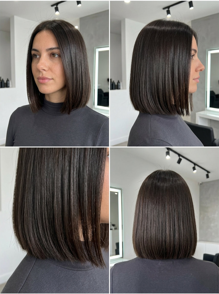 short blunt espresso brunette bob with high-gloss finish for professional women