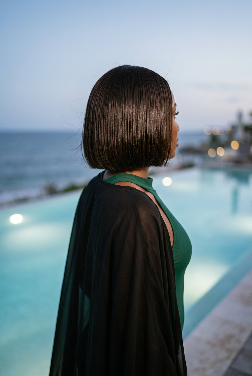 High-Gloss Espresso Hydro-Bob short espresso bob haircut with high-gloss finish and sleek strands for formal events