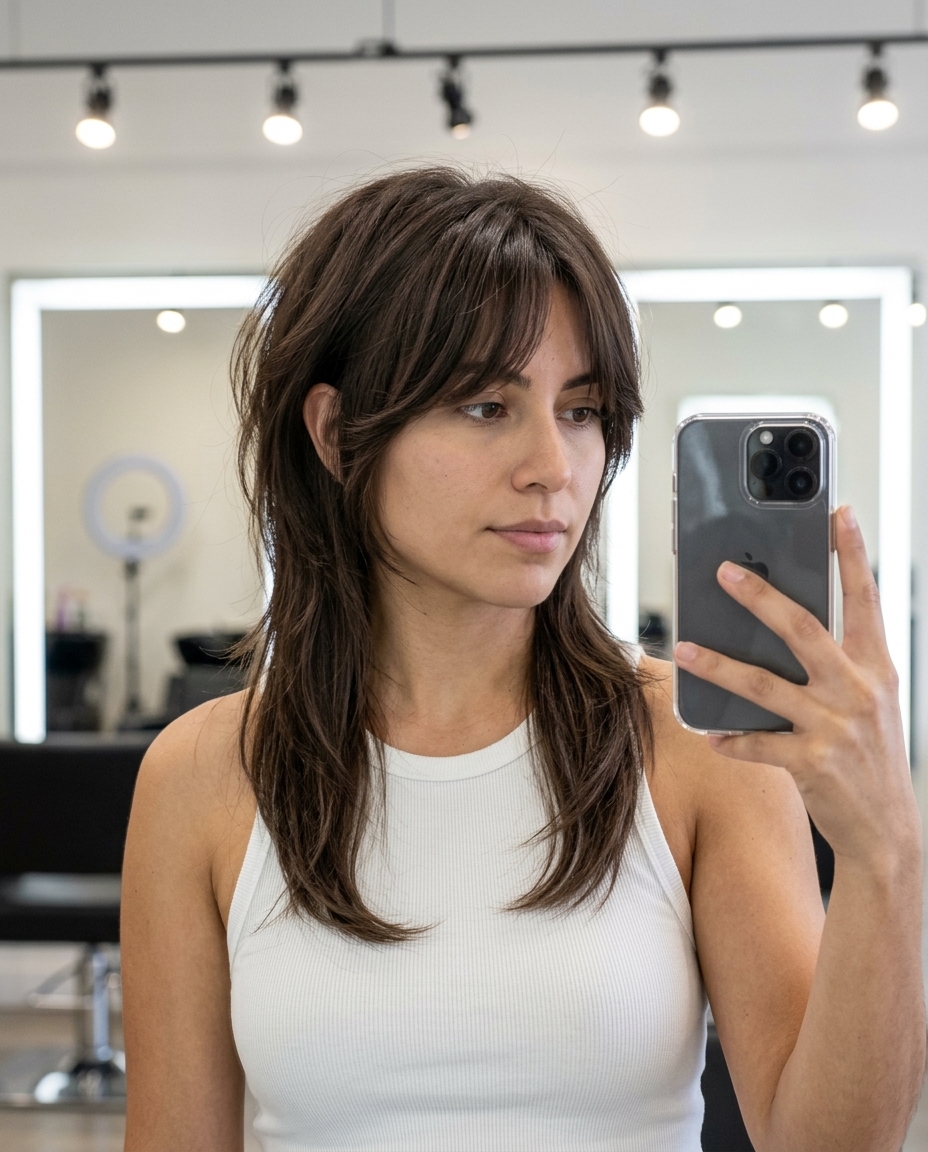 short espresso pixie haircut with sculpted layers and piecey curtain fringe for edgy nights