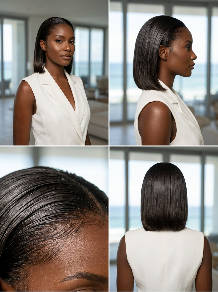 short slicked-back hydro-bob in deep espresso with glass hair finish for summer