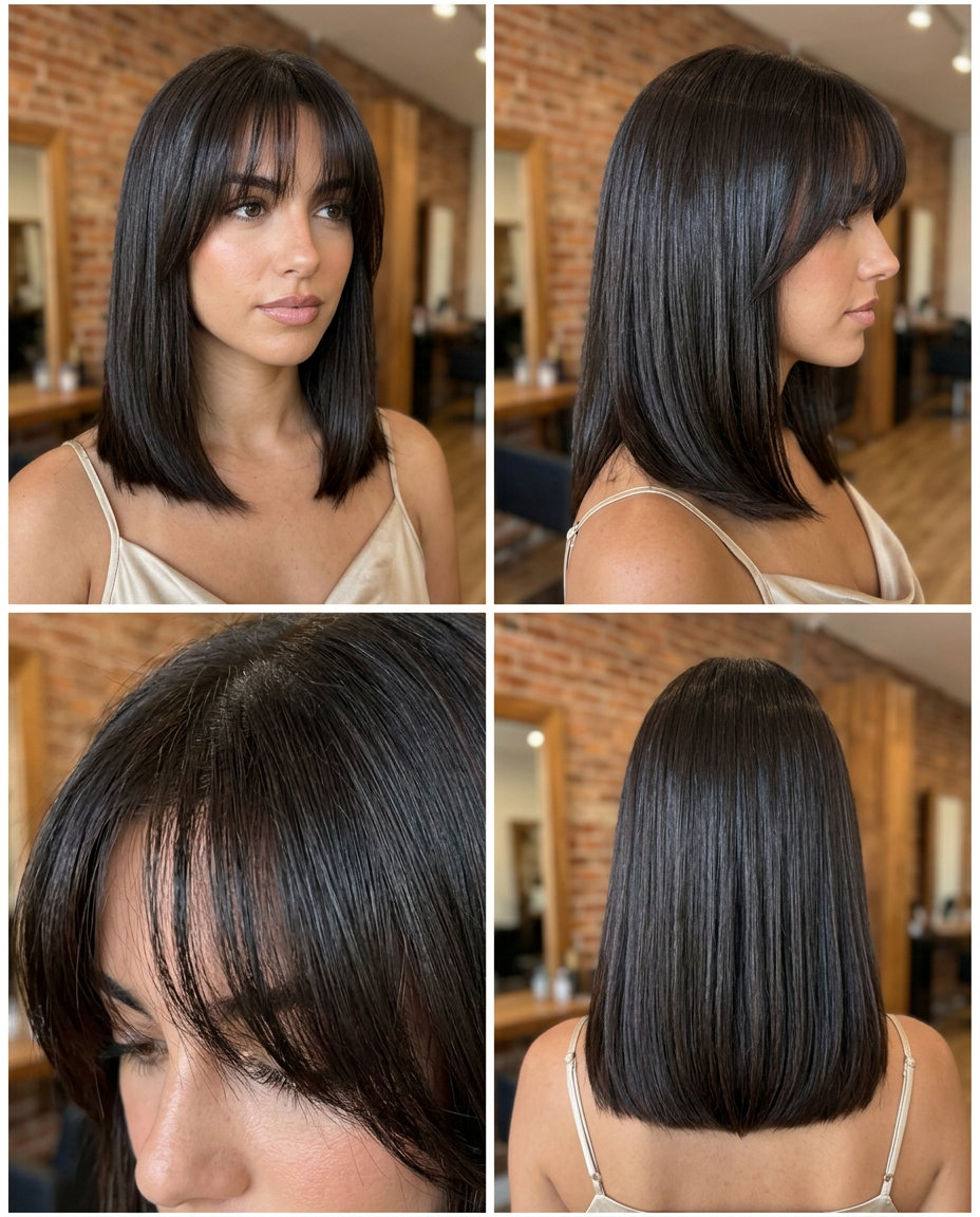 shoulder-length blunt cut with espresso brunette and wispy Birkin bangs for summer