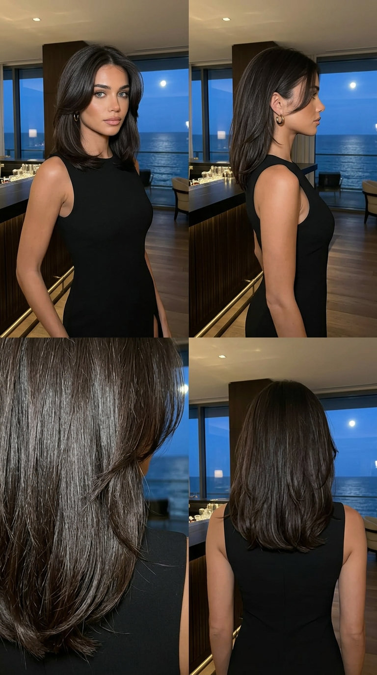 shoulder-length bob haircut with espresso brunette color and face-framing layers for summer