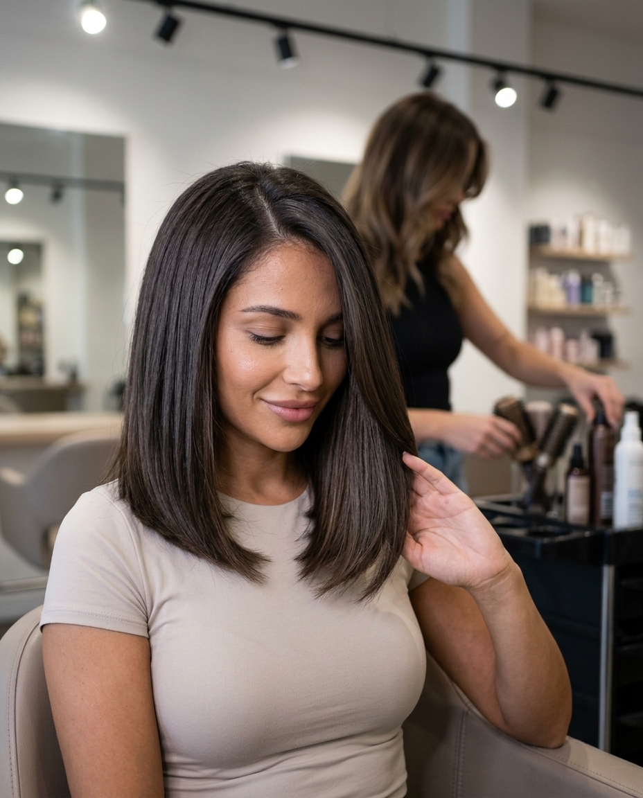shoulder-length blunt lob haircut in espresso brunette with cool mocha babylights, deep side part — sophisticated summer haircut 2026