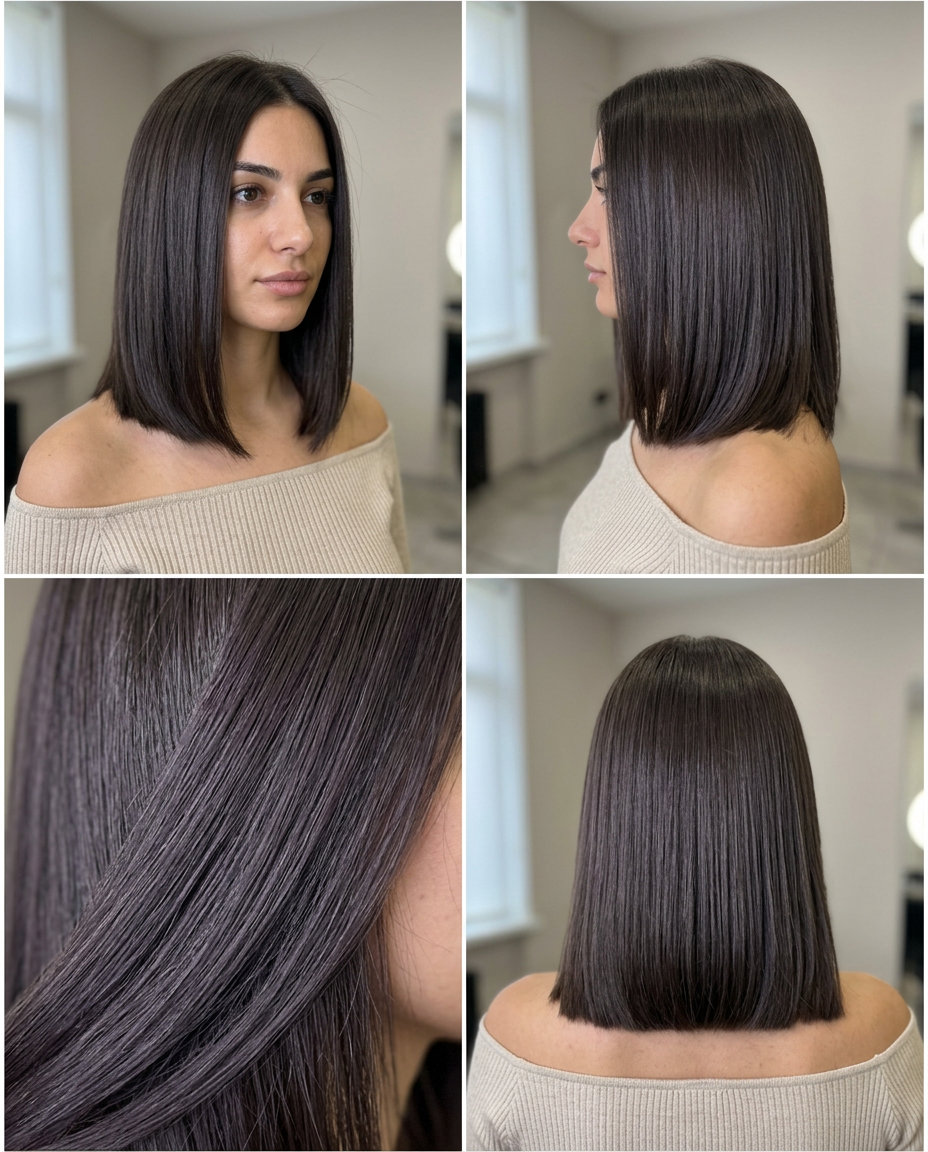 shoulder-length lob haircut with cold brew espresso color, blunt cut, and center part for sophisticated look