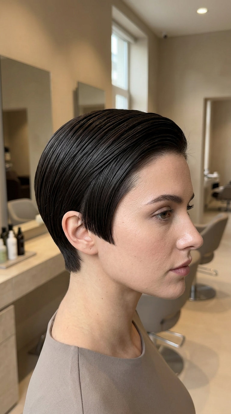very short pixie haircut in deep espresso brown with neutral undertones, blunt cut, side-swept fringe — sophisticated professional