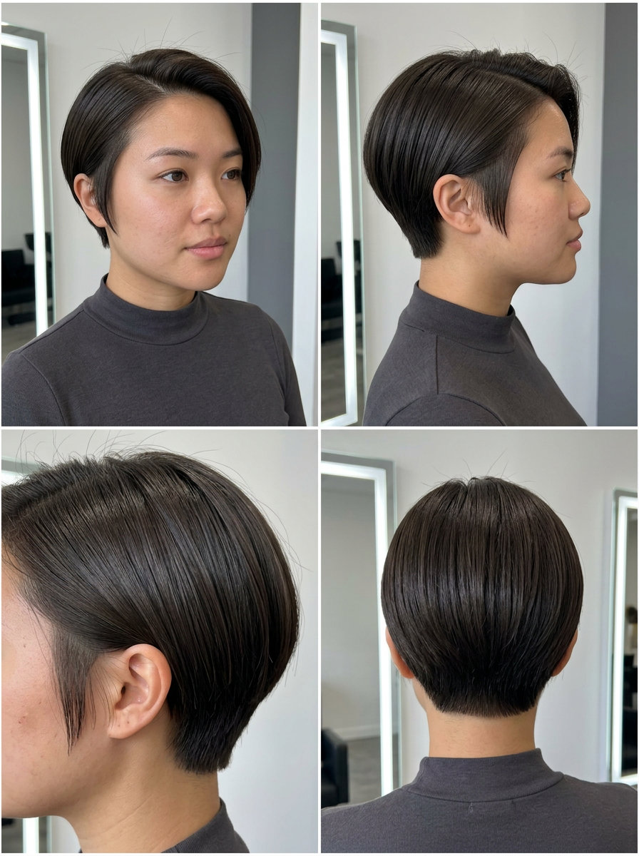 very short blunt pixie haircut with neutral espresso color, sharp perimeter for round face