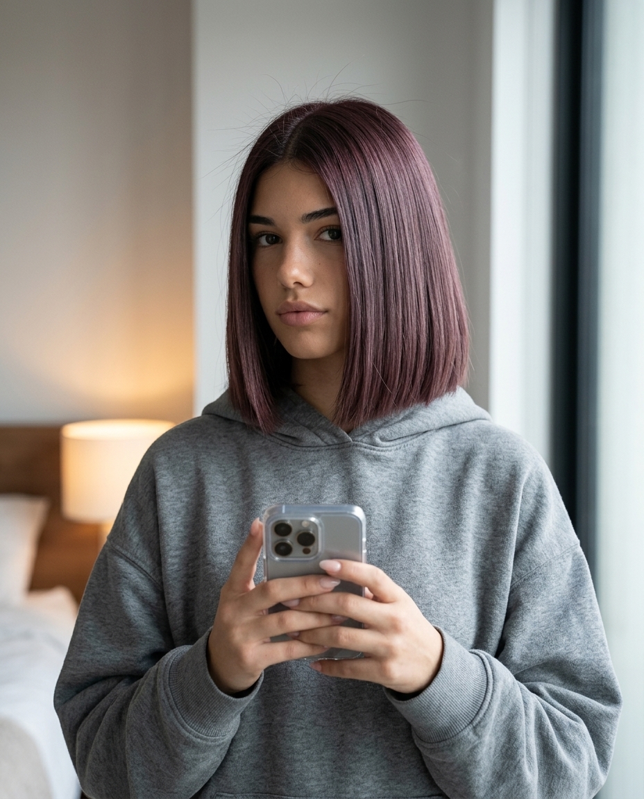 jaw-length blunt bob in frosted plum burgundy with ash-violet undertones and side part — minimalist sophisticated look