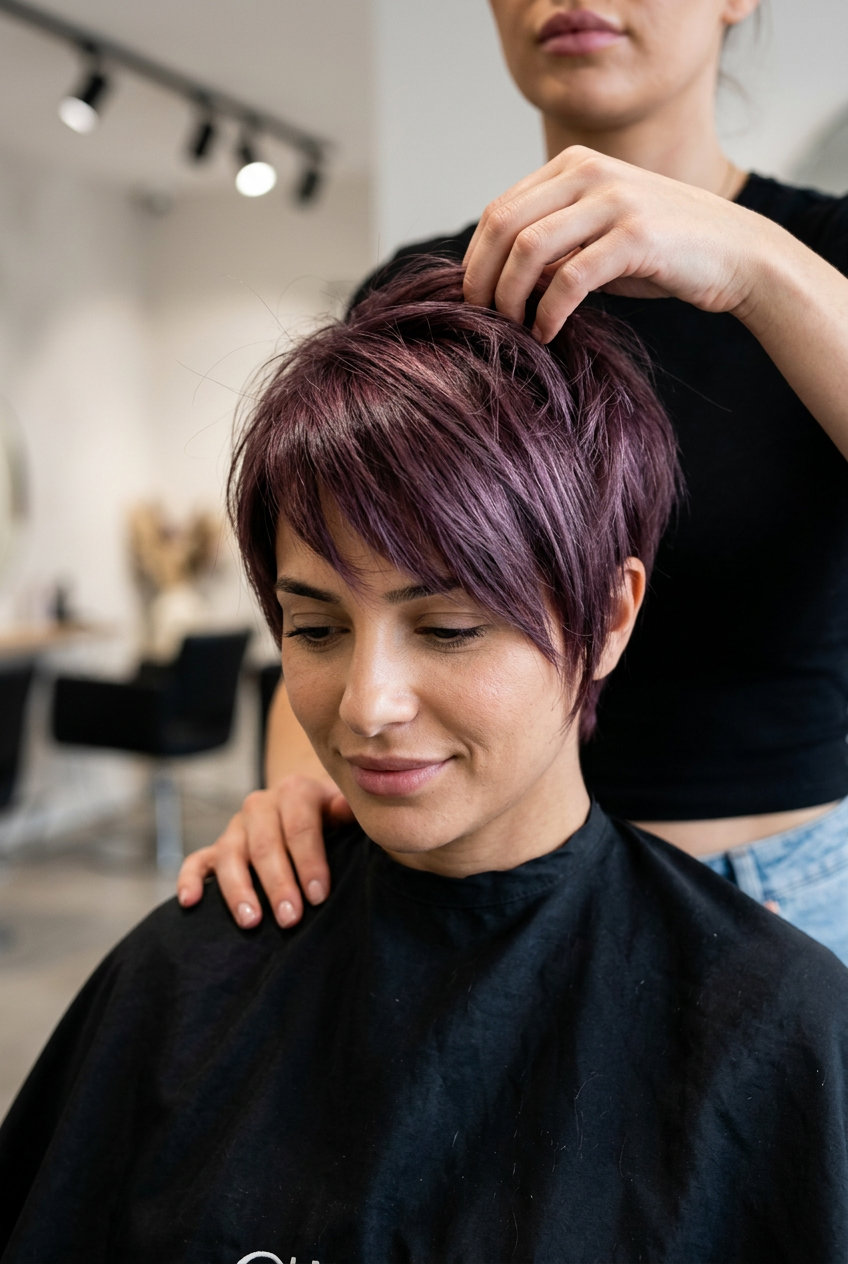 short razored pixie haircut in frosted plum burgundy with asymmetrical fringe for modern edgy styles