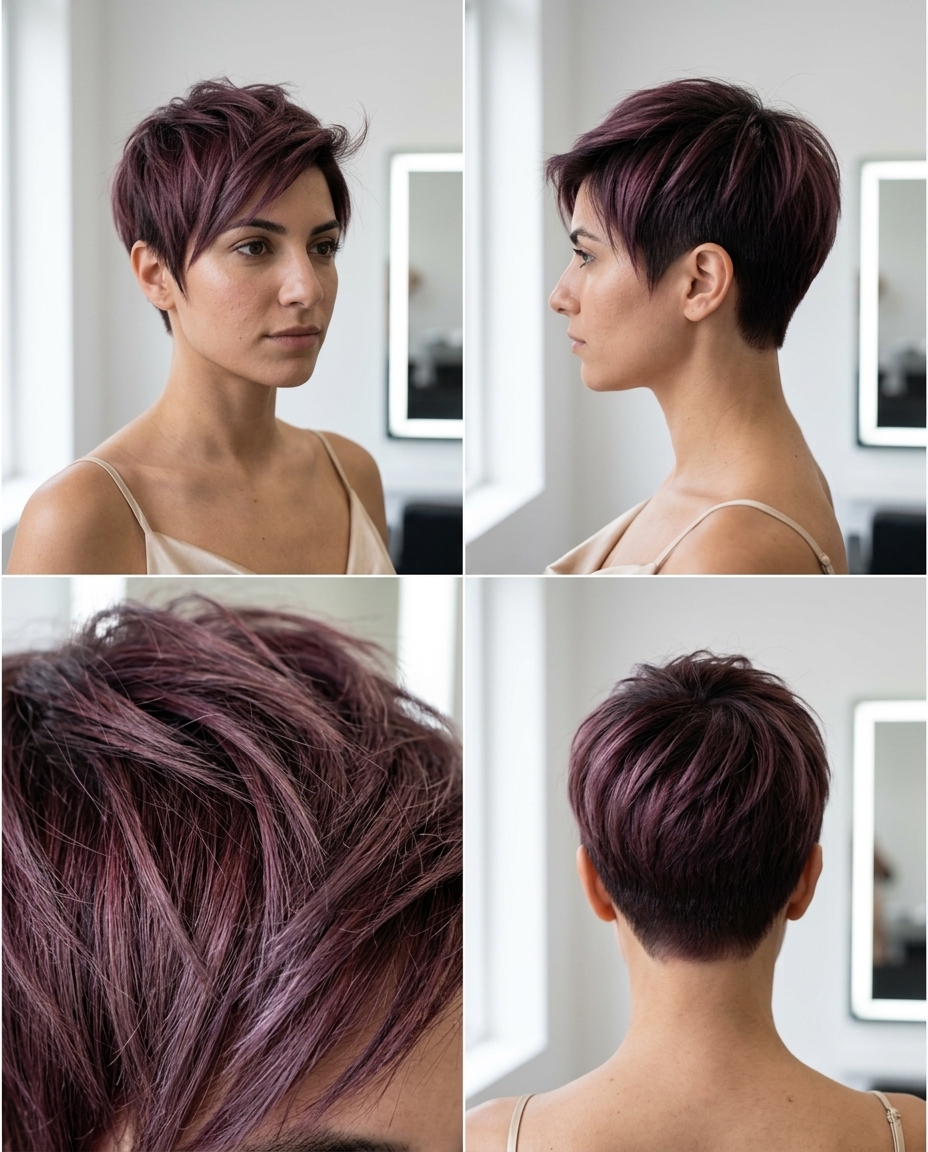 short razored pixie haircut in frosted plum burgundy with piecey texture and swept fringe for edgy looks