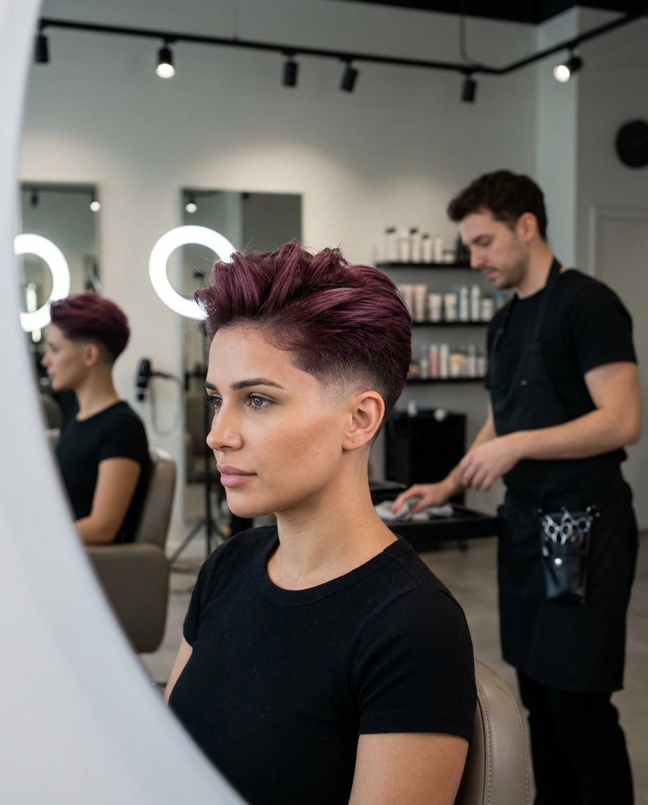 dramatic undercut haircut in frosted plum burgundy with long textured top for edgy looks