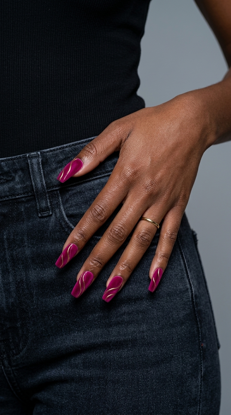 Fuchsia velvet matte nails with abstract swirls for date night, perfect summer nails for dark skin 2026.
