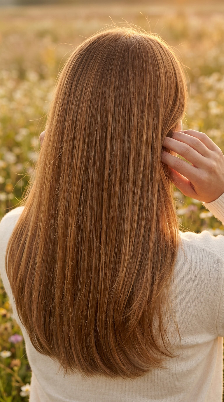 extra-long hair with golden amber syrup glaze and minimal face-framing layers for ethereal shine