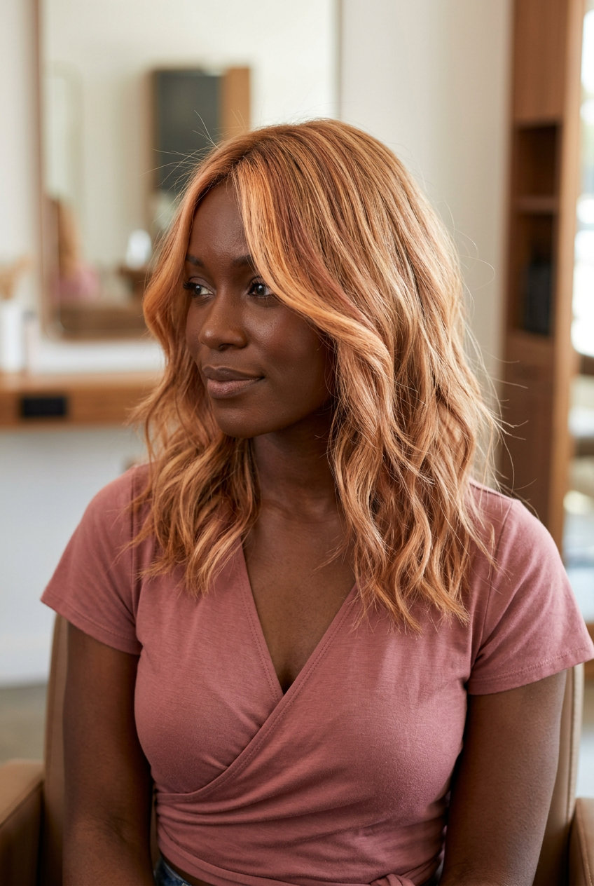 Sun-Kissed Strawberry Blonde Balayage 2026 long strawberry blonde balayage with warm golden-apricot tones, face-framing pieces — boho weekend look