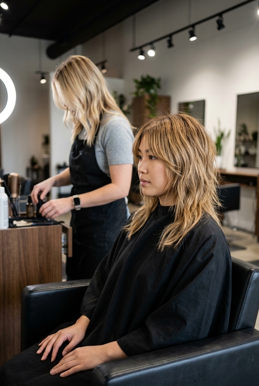 collarbone-length warm golden balayage wolf cut with bottleneck bangs for edgy weekends
