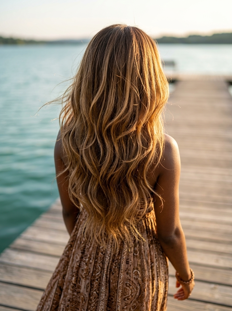 long layered haircut with golden balayage color, internal layers, and face-framing pieces for summer