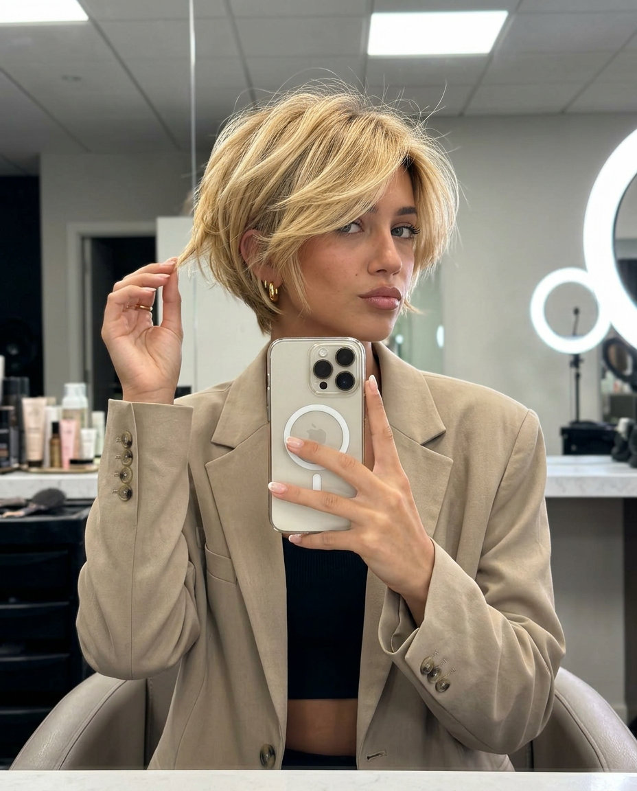 very short pixie haircut with golden blonde babylights, messy texture, soft root smudge for music festival