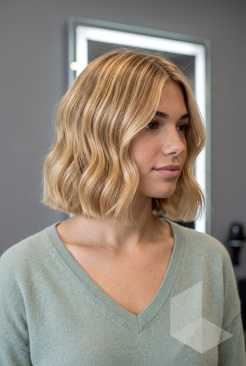 chin-length golden blonde bob with honey highlights, side part — soft romantic