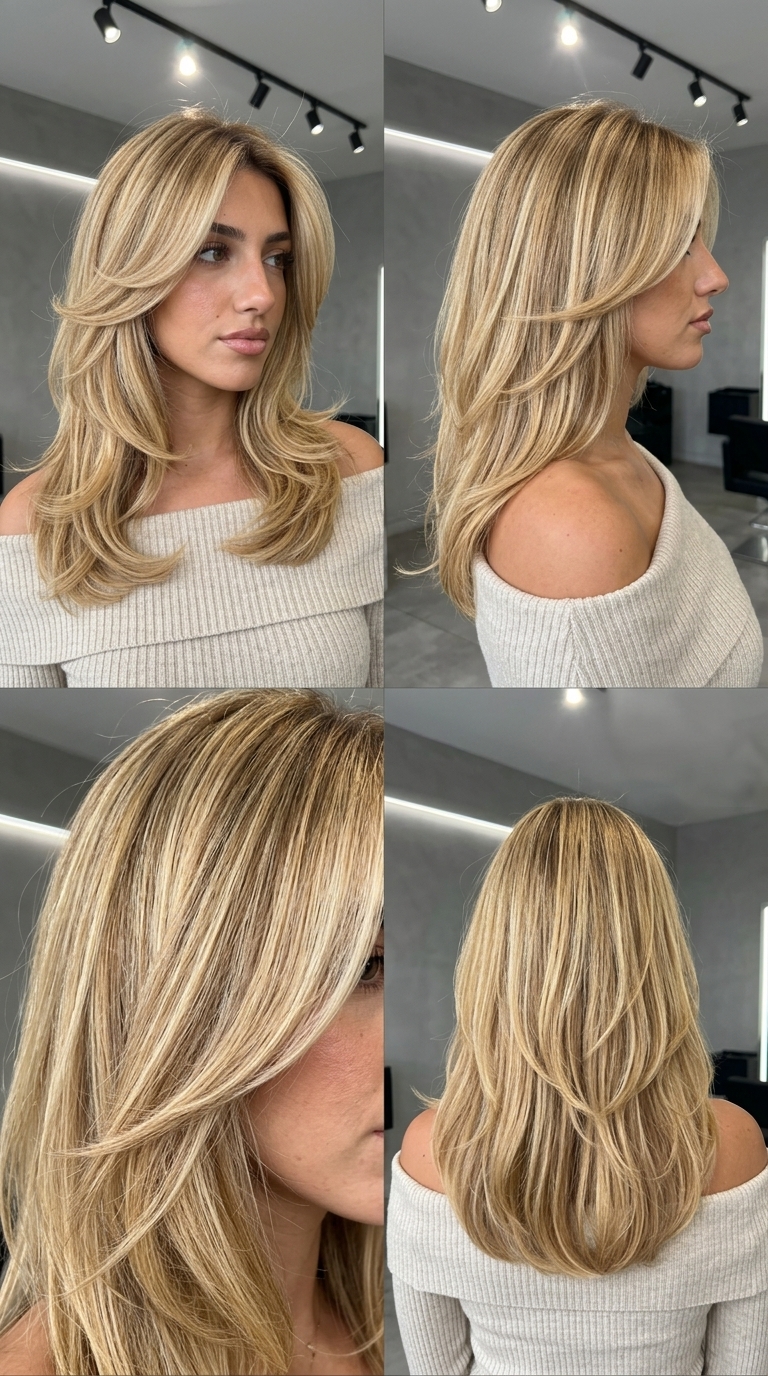 long butterfly haircut in golden blonde with vanilla highlights, soft shadow root, dramatic face-framing layers — 90s bombshell look