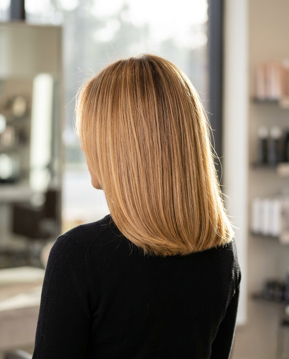 medium-length golden blonde blunt cut with dark root shadow