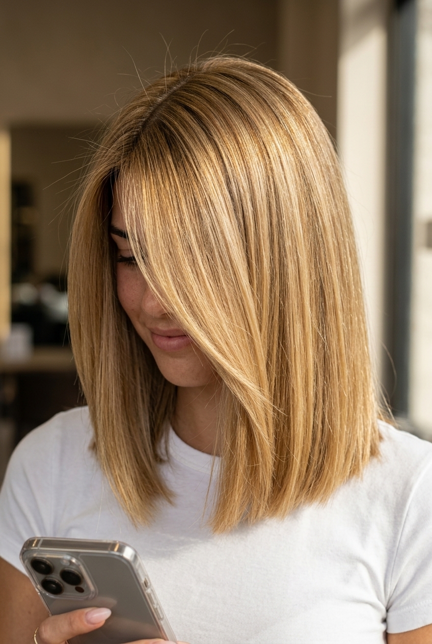 medium blunt lob haircut in golden blonde with butterscotch undertones, sculpted waves for galas
