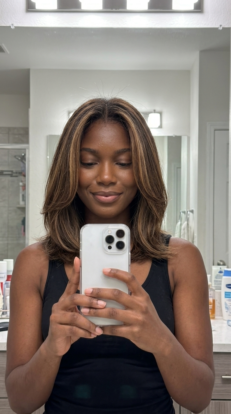 long chocolate brunette hair color with golden brown crown lights, subtle highlights, effortless mood