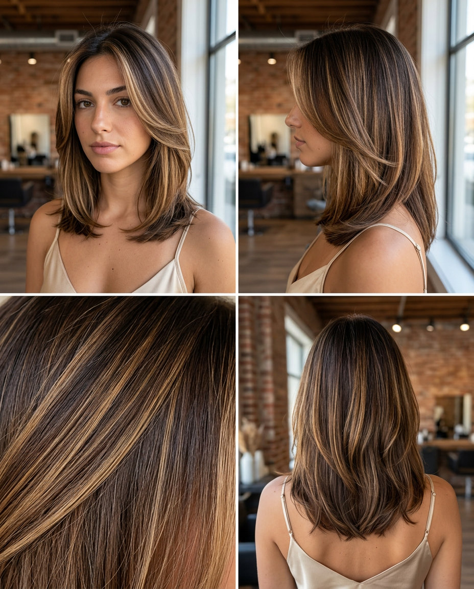 long chocolate brunette hair color with golden honey balayage, hand-painted highlights, sun-kissed glow — playful weekend