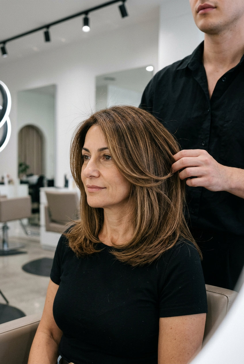 Golden Hour Brunette Summer Haircut 2026 shoulder-length golden hour brunette haircut with caramel balayage and face-framing C-layers for weekend