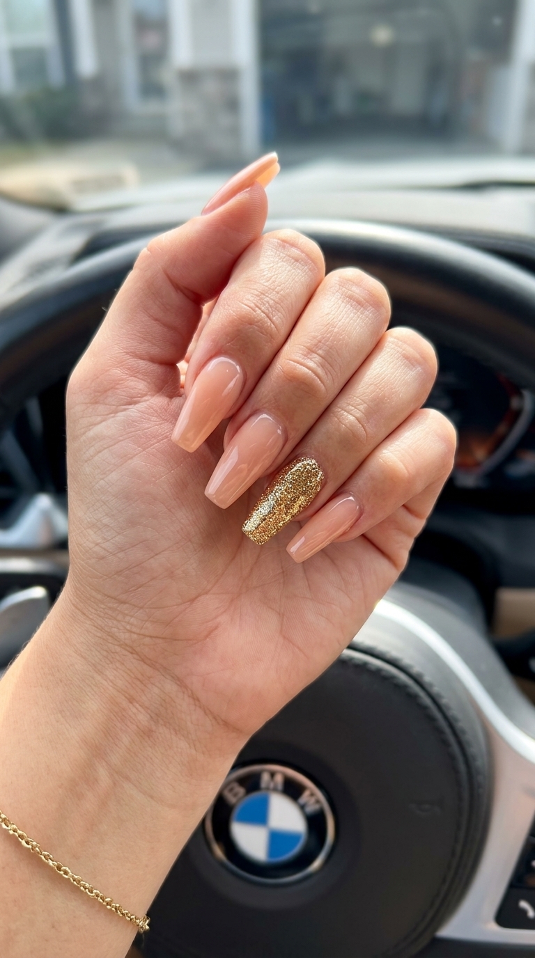 Golden Hour Glitter Accent nails for date nights, a glamorous summer glitter nails 2026 option.