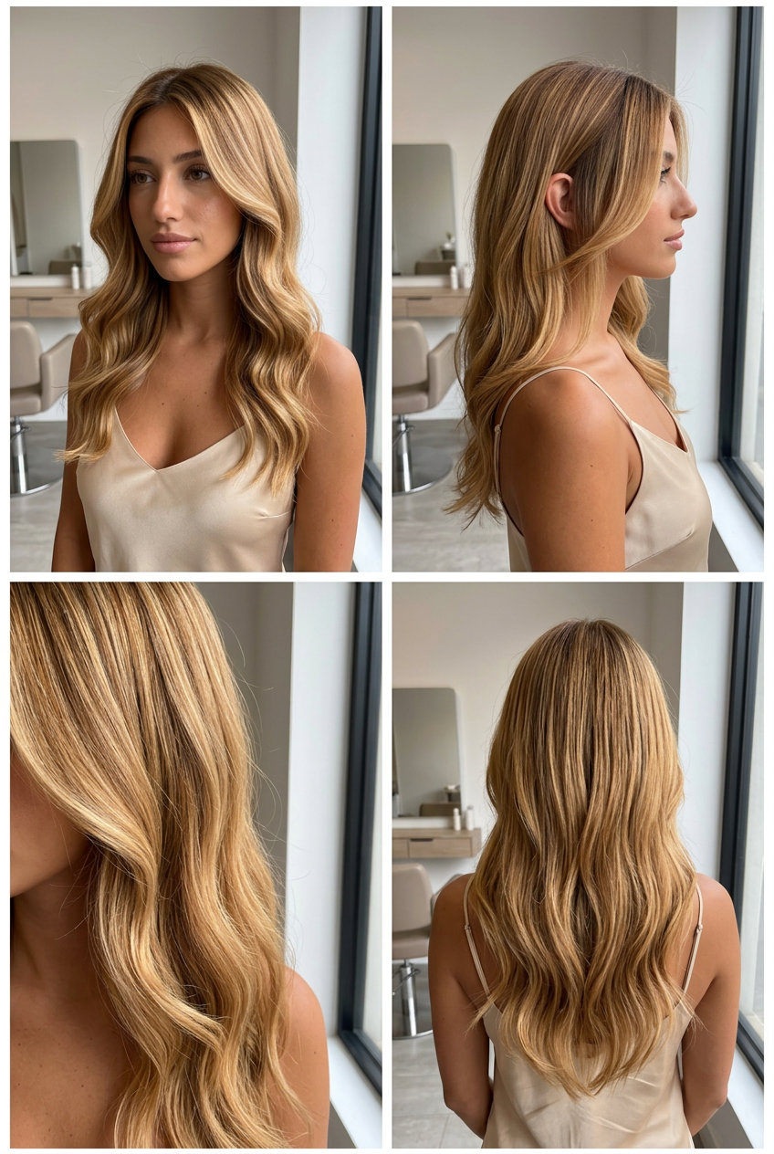 long V-cut haircut with golden syrup blonde, honey babylights, golden root shadow — romantic, classic, glamorous