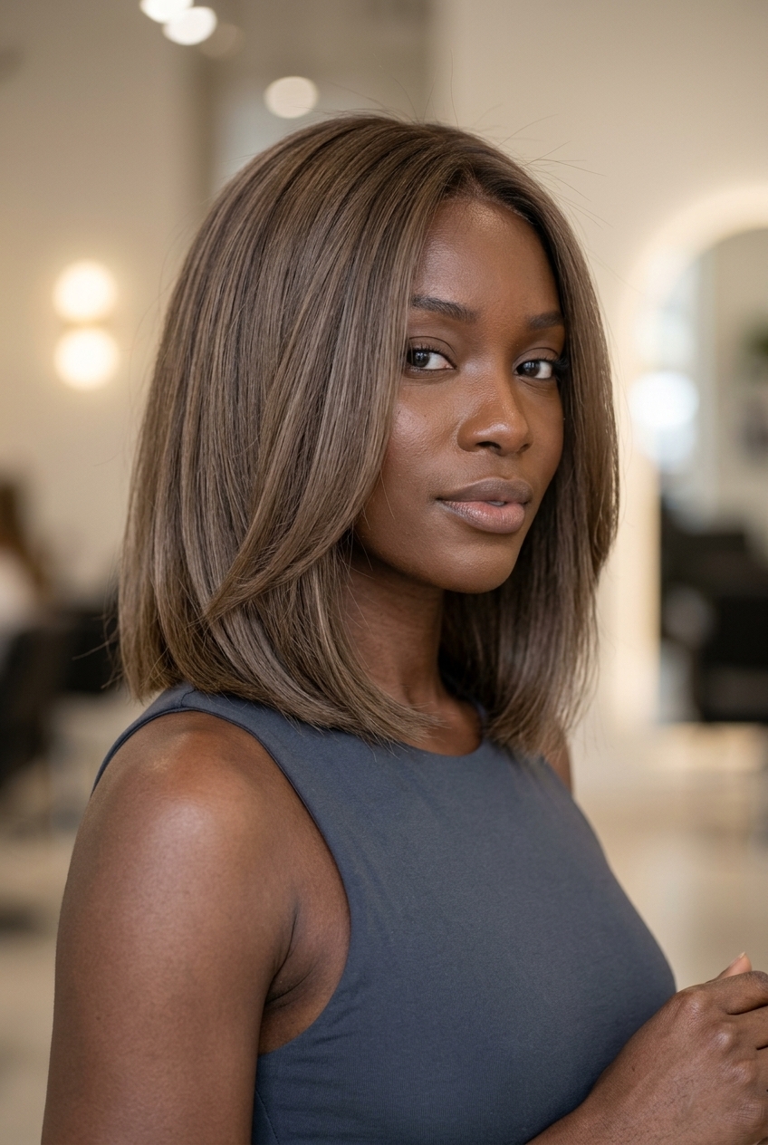medium chocolate brunette hair color with cool beige babylights, neutral undertones, sleek bob — sophisticated everyday