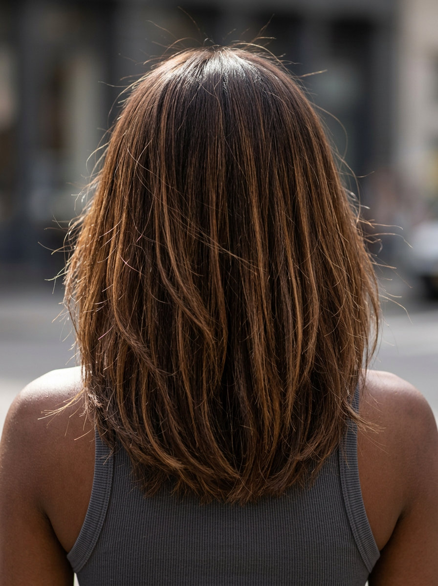long chocolate brunette hair color with hazelnut ribbon highlights, high contrast, edgy mood