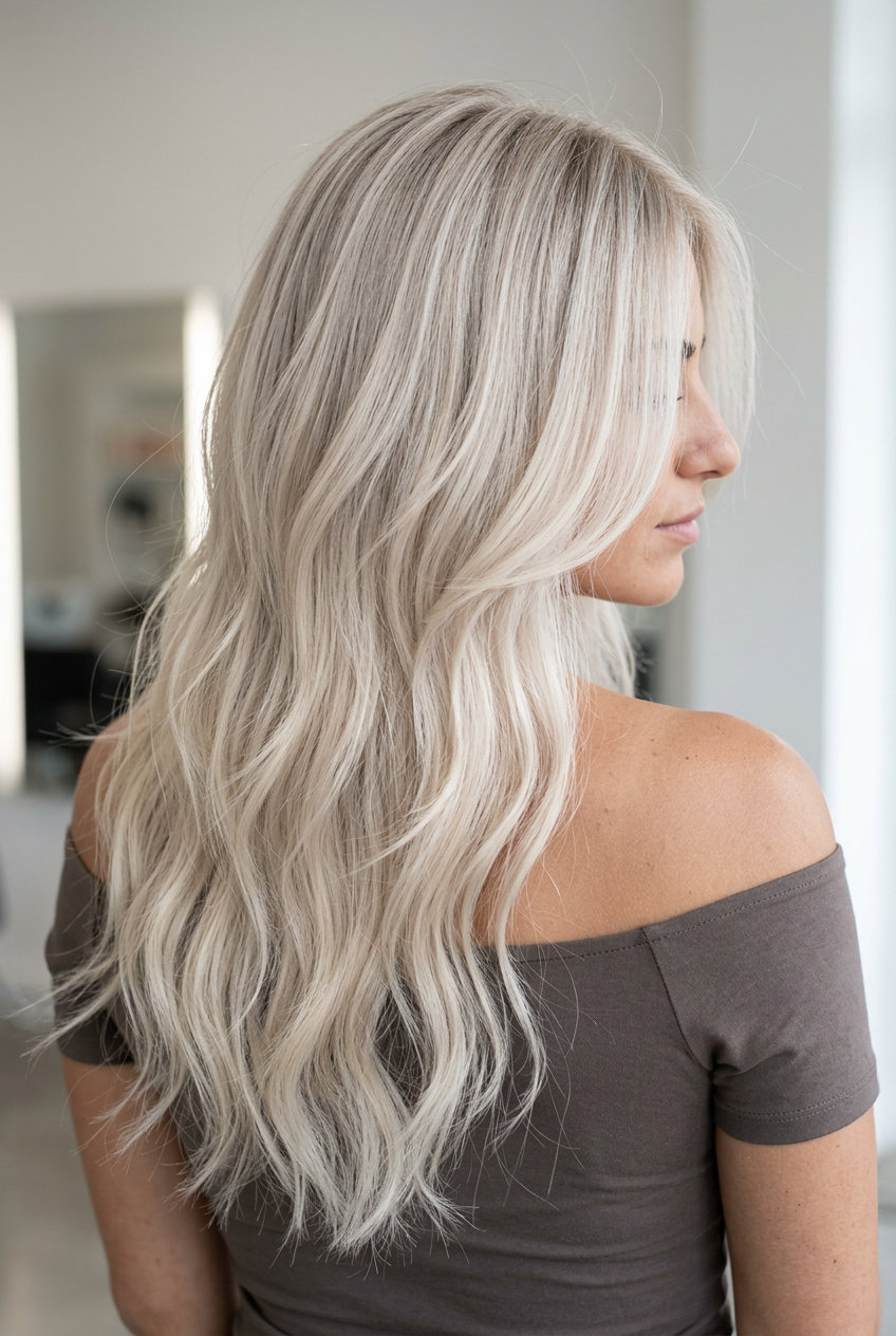 long flowing layers with hazy platinum blonde, ivory and pearl tones for dreamy romance