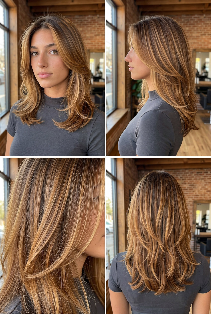 collarbone-length layered cut with honey-amber balayage and face-framing layers for vibrant waves
