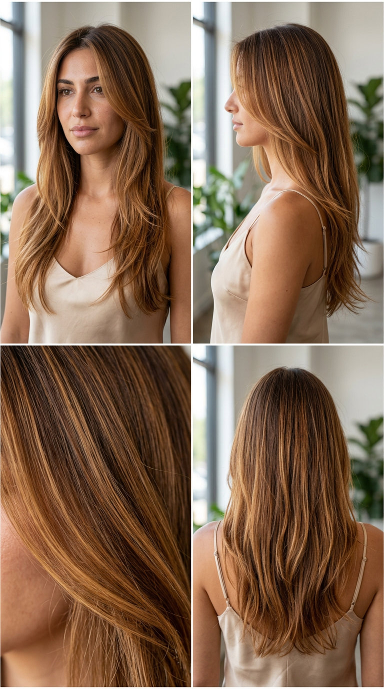 long hair with honey-amber balayage and soft face-framing layers for sun-kissed vibrancy