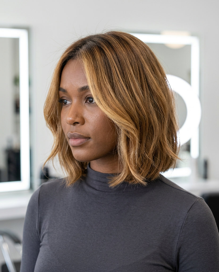 shoulder-length honey amber bob with dark blonde root for radiant look