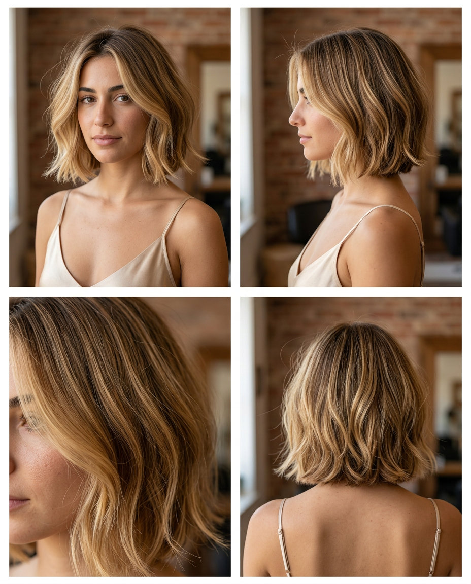 chin-length Italian bob in warm honey blonde balayage with golden caramel ribbons for summer