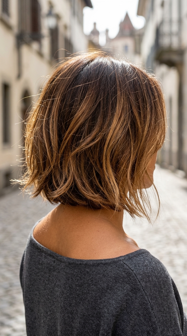 collarbone length bob haircut with honey balayage and textured ends for summer