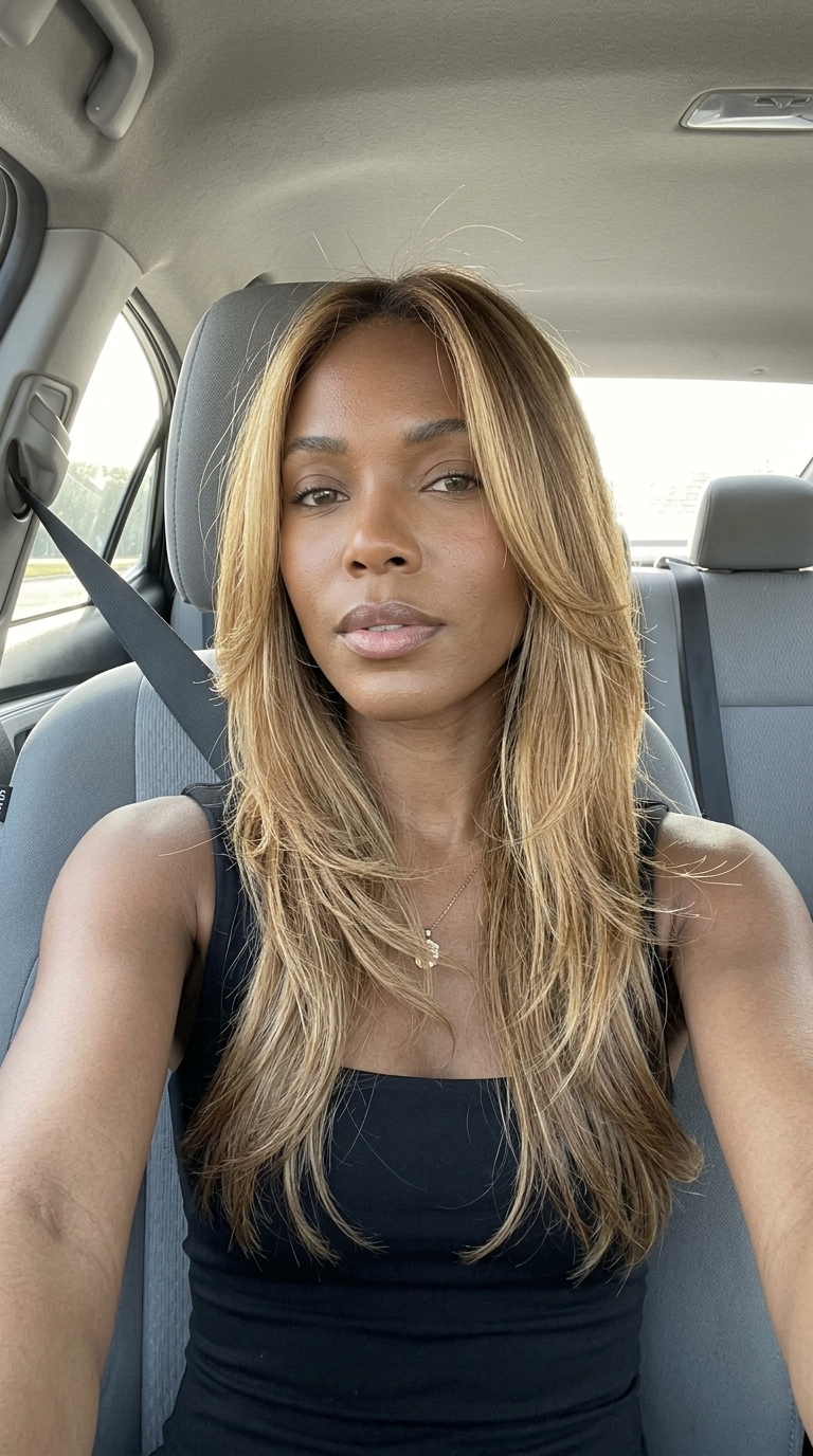 long layered haircut in warm honey balayage with golden blonde highlights, face-framing layers — effortless summer haircut 2026