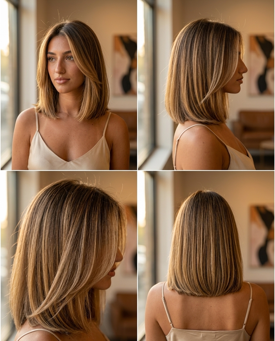medium blunt lob haircut with honey balayage and warm blonde highlights, sleek finish for daily wear