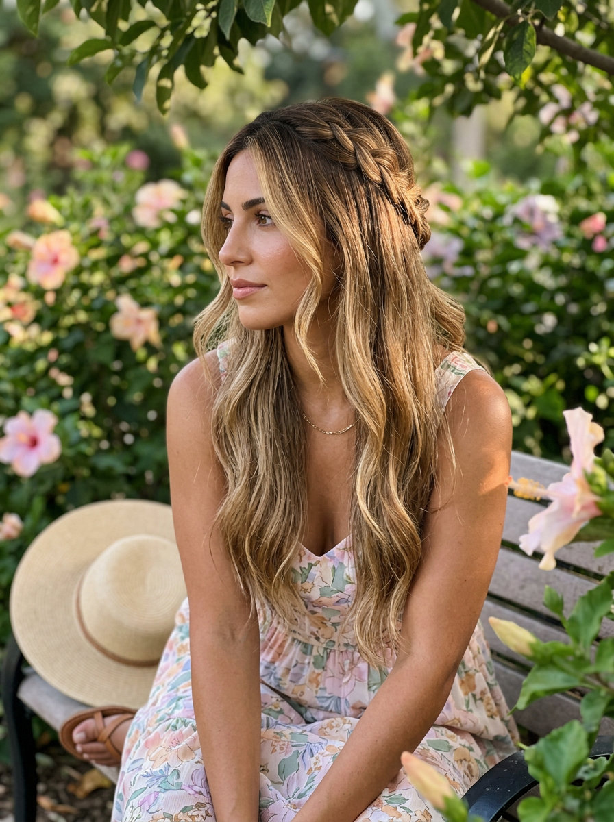 long layered haircut in warm honey blonde balayage with face-framing layers for summer