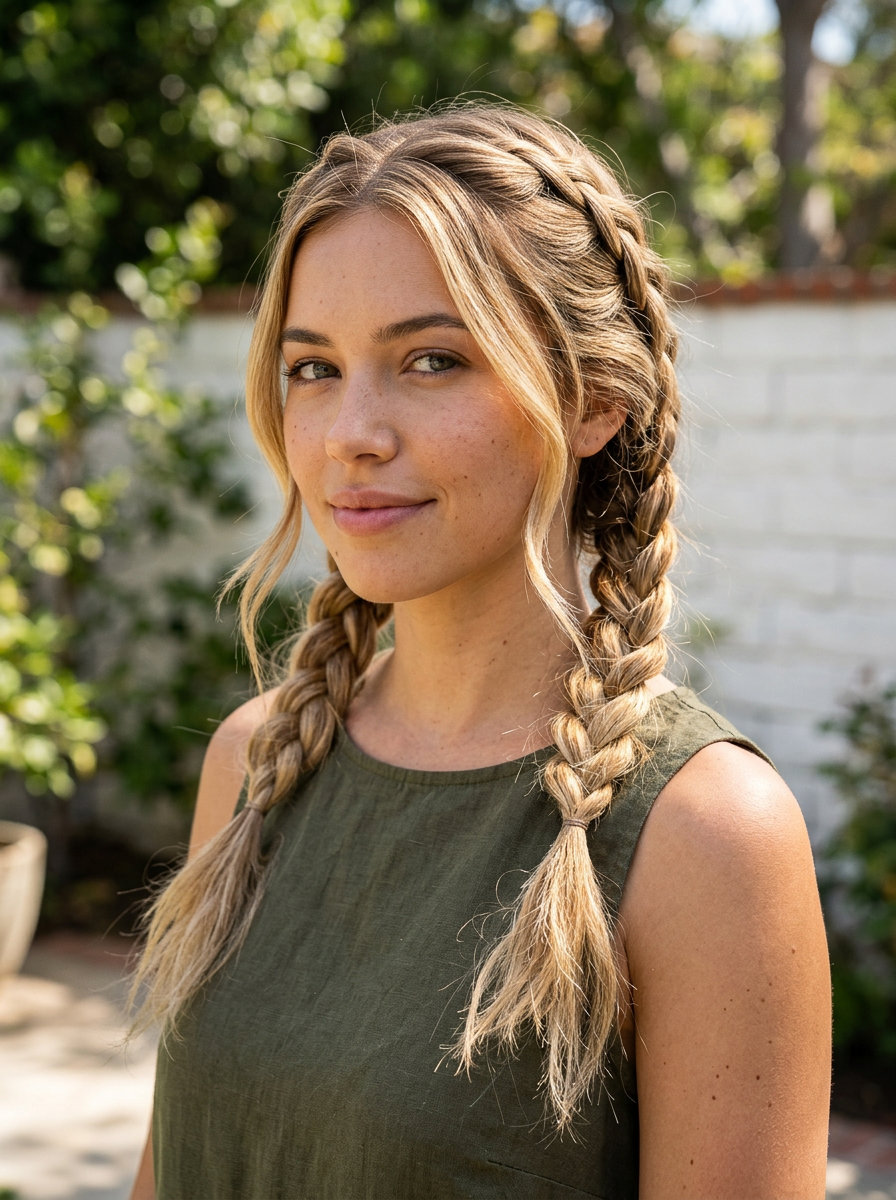 Playful Summer Pigtails 2026 medium length french braids with warm honey blonde color, textured ends, no fringe — playful youthful