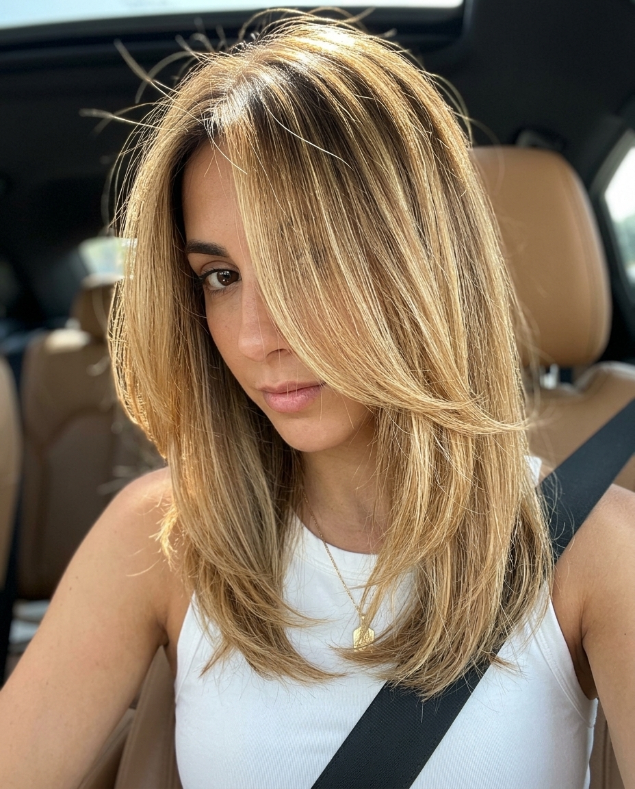 medium haircut with honey blonde balayage and face-framing babylights