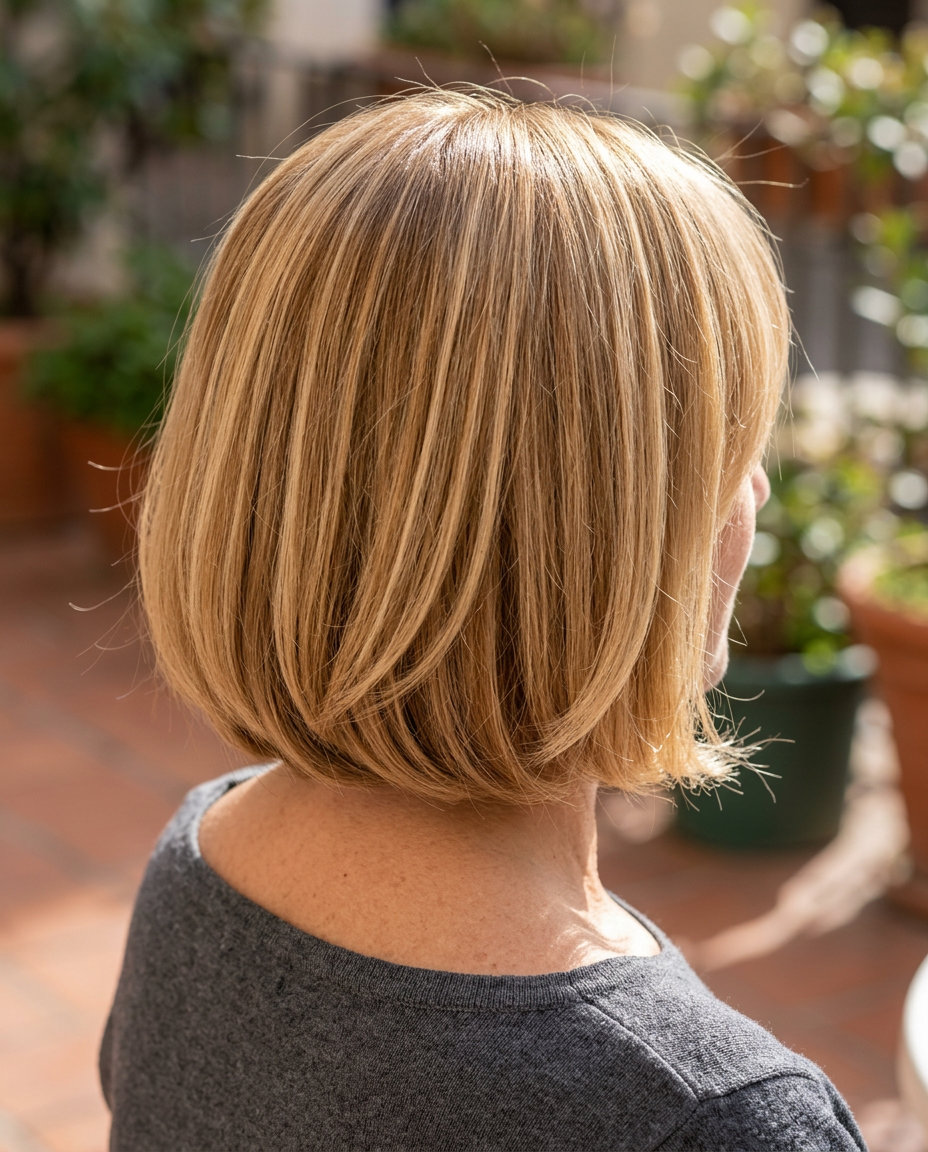 neck-length Italian bob haircut with honey blonde and buttercream babylights, internal layers — soft feminine