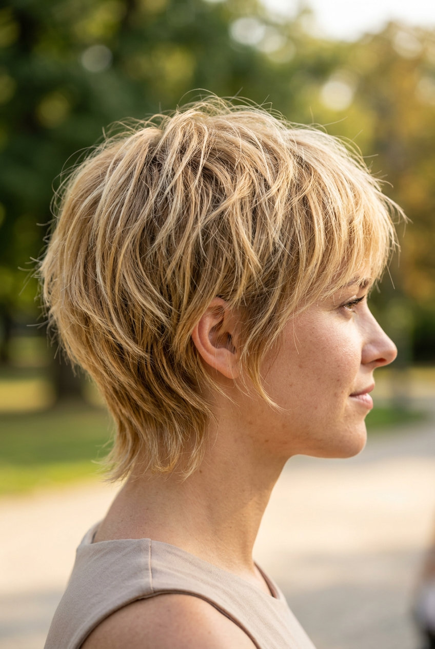 short honey blonde wolf cut with babylights, piecey texture, wispy fringe — playful weekend style