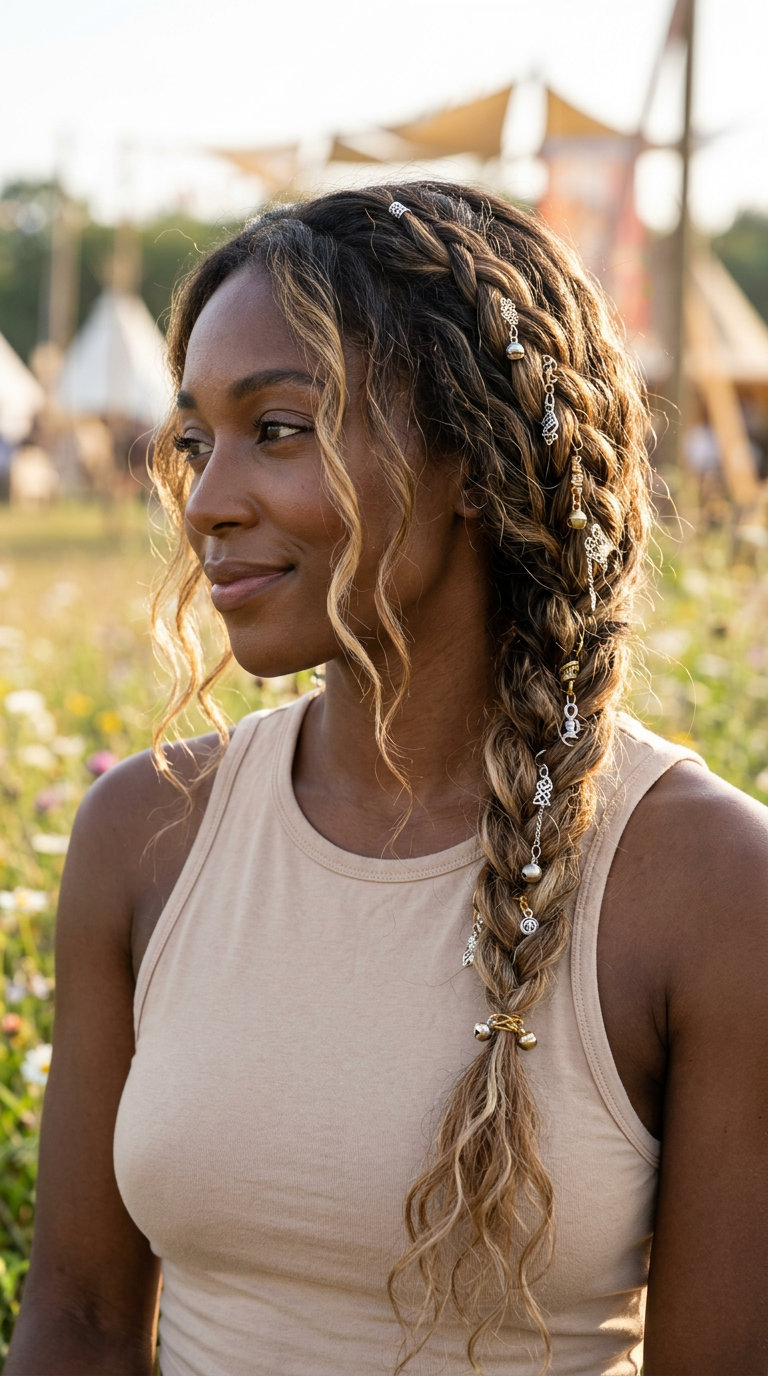 Boho Side Braid: Festival Ready 2026 medium-length side braid with honey bronde balayage, natural deep brown, metallic charms, face-framing pieces — festival ethereal