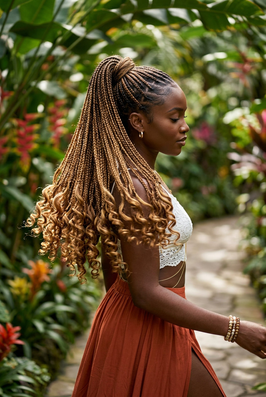 Boho Braided Ponytail with Curls 2026 long warm honey bronze braids with human hair curls and gold accents for festival