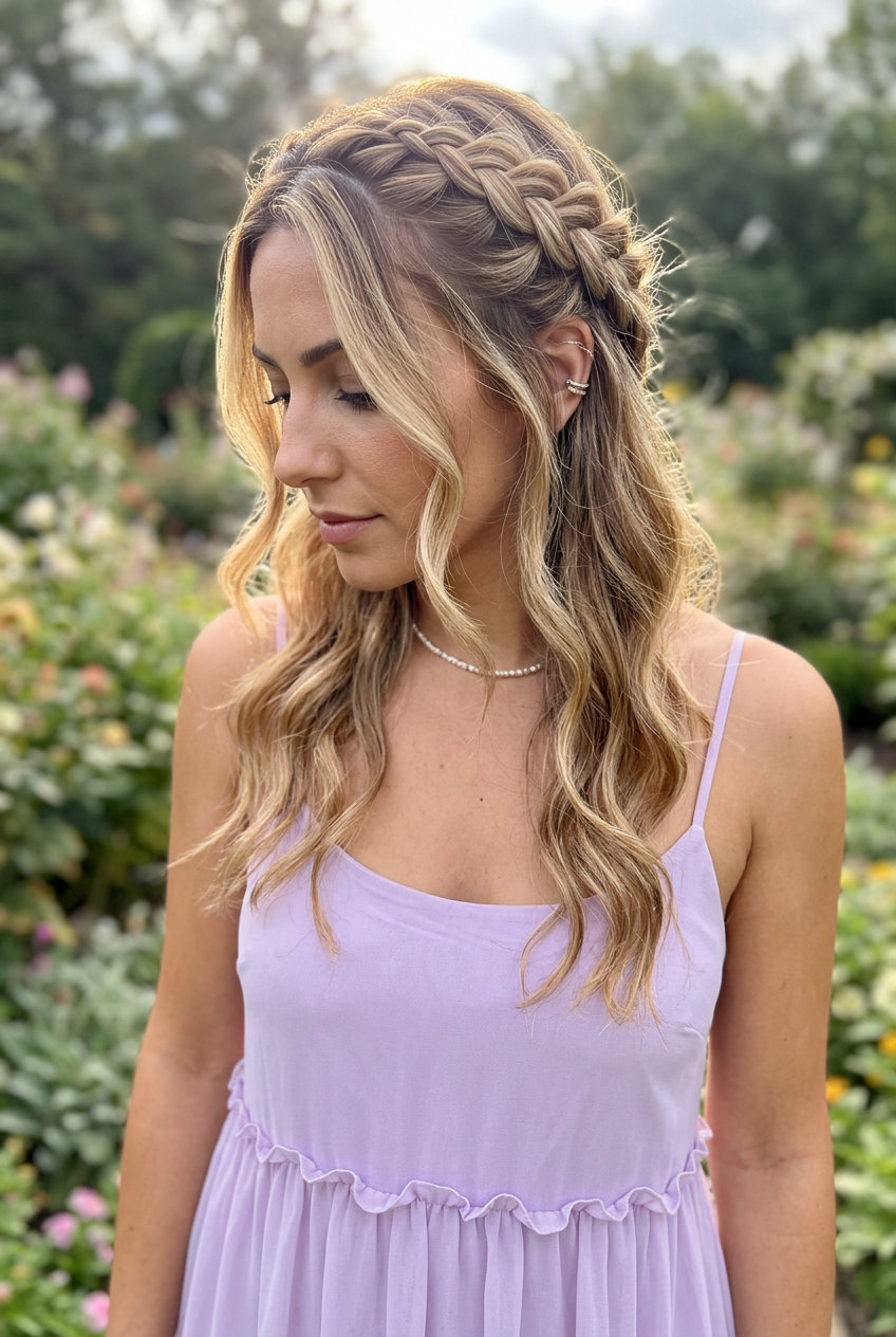 Ethereal Braided Halo Hairstyle 2026 long honey bronze melt braids with soft waves and face-framing pieces for summer wedding guest