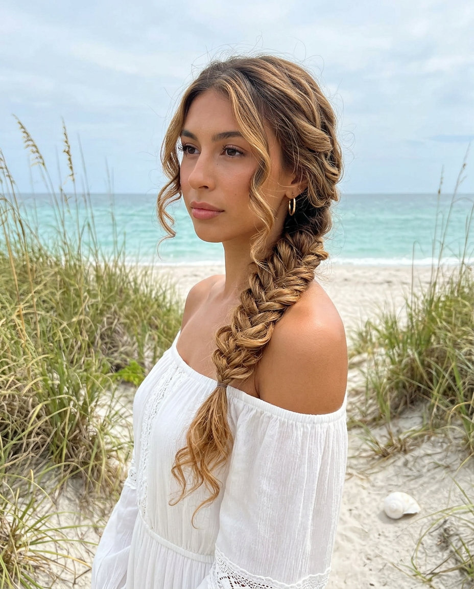 Boho Summer Fishtail Braid 2026 long fishtail braid with honey bronze melt color, loose waves, no fringe — soft bohemian