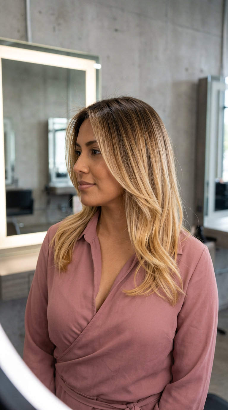 long layered sun-kissed honey ombre with golden butterscotch, soft diffused blend, no fringe — effortless radiance