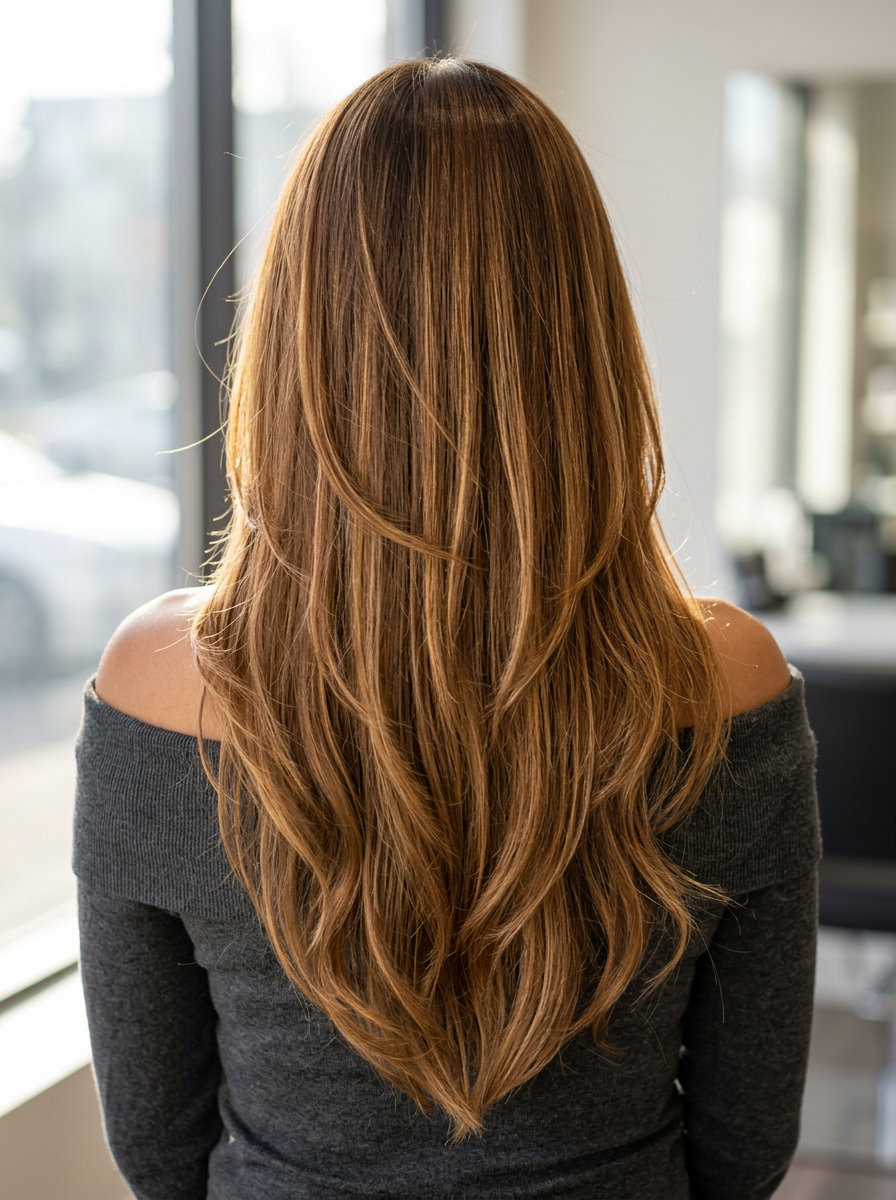 long layered cut with warm honey glazed brunette, subtle internal highlights, soft face-framing layers — soft, luminous, romantic